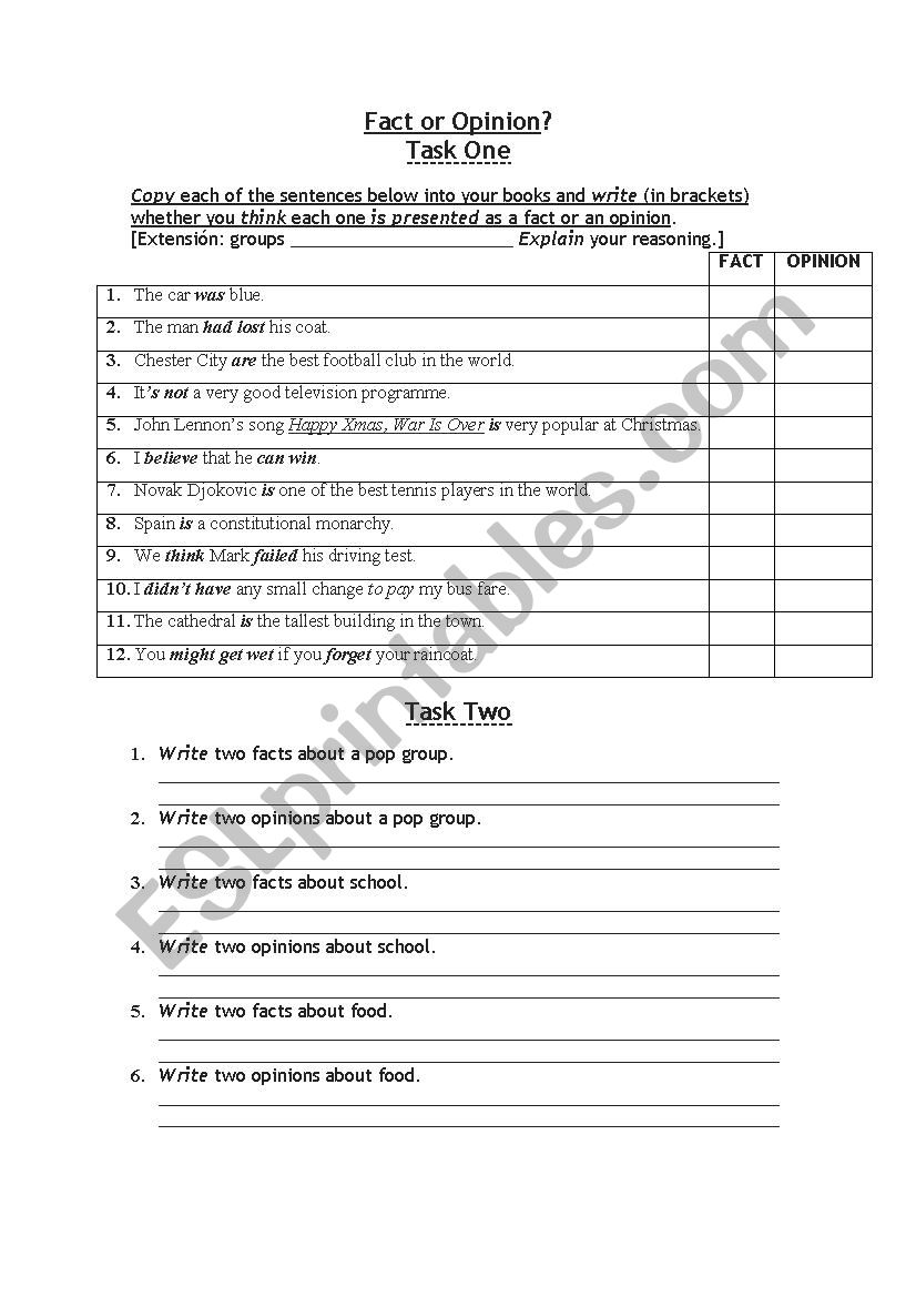 FACT OR OPINION STATEMENTS worksheet