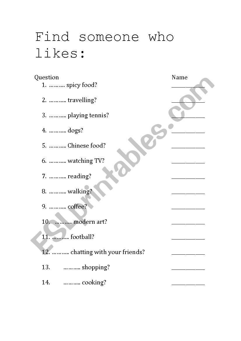 Find someone who (likes) worksheet