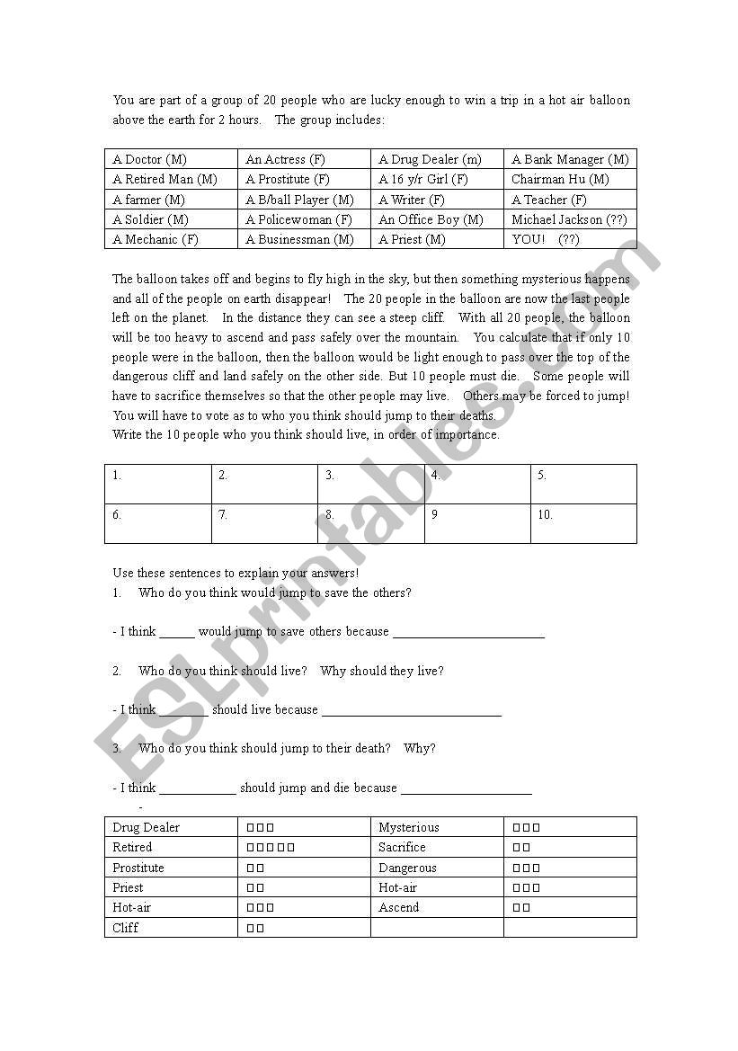 Hot air balloon worksheet