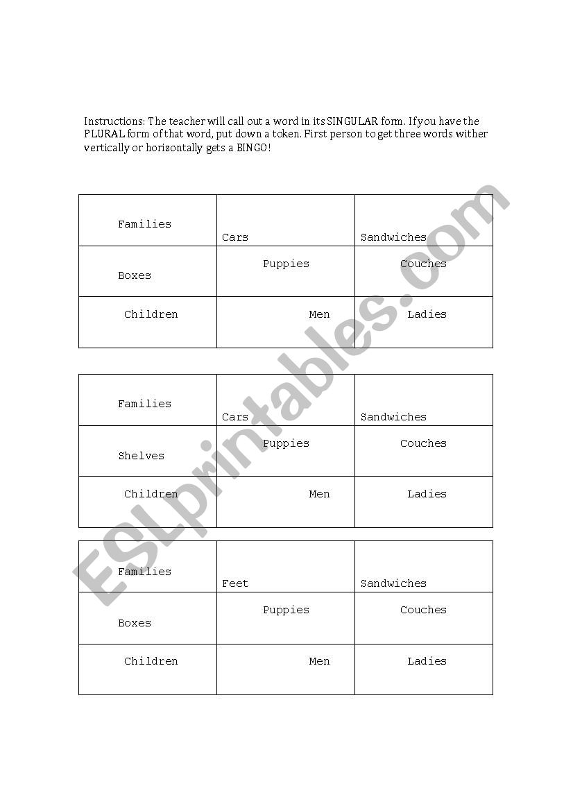 Plural Noun Bingo worksheet