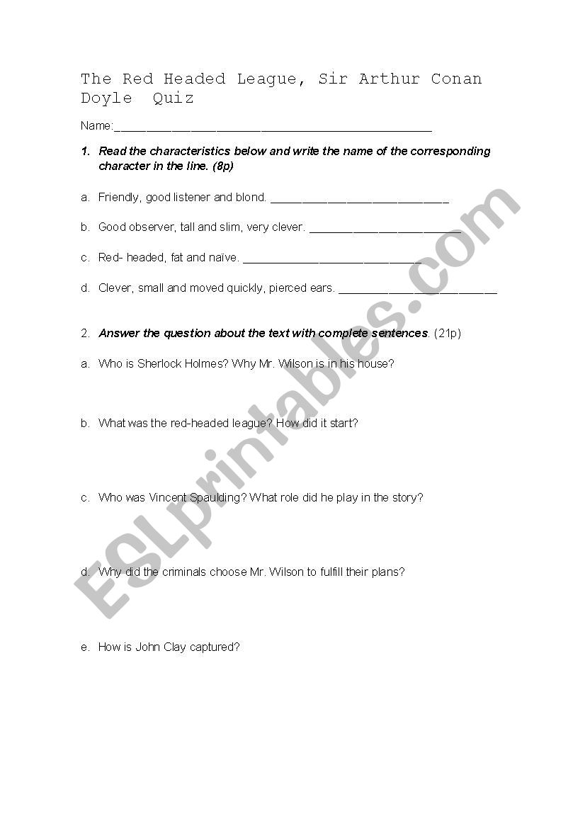 The red-headed league quiz worksheet