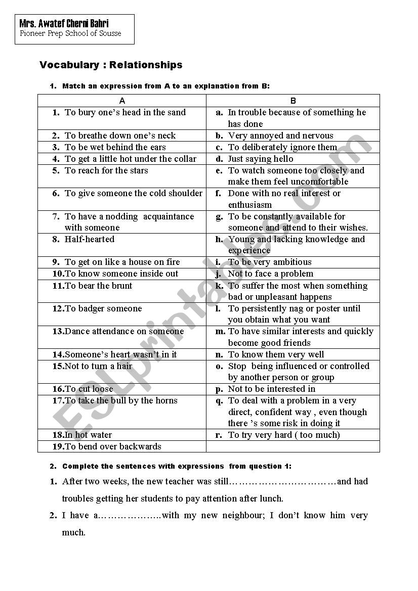 vocabulary about family relationships with answer key