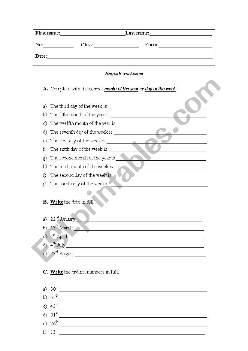 Formative test worksheet