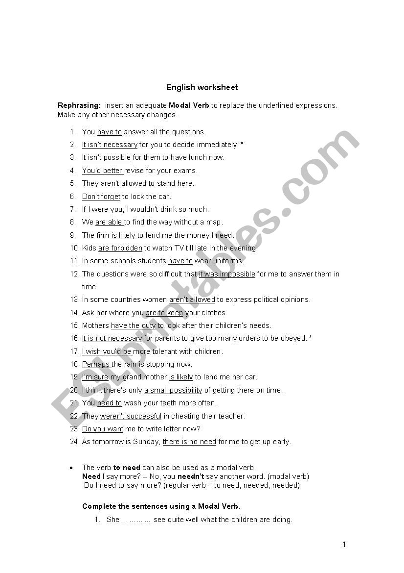 Modal verbs worksheet