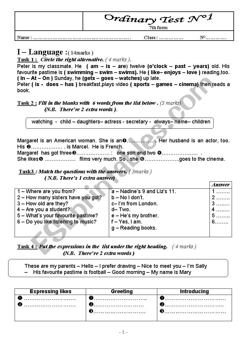mid-term test n1 7th form worksheet
