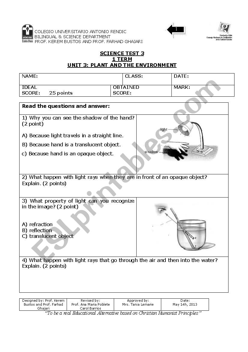 Science Test about ligth worksheet