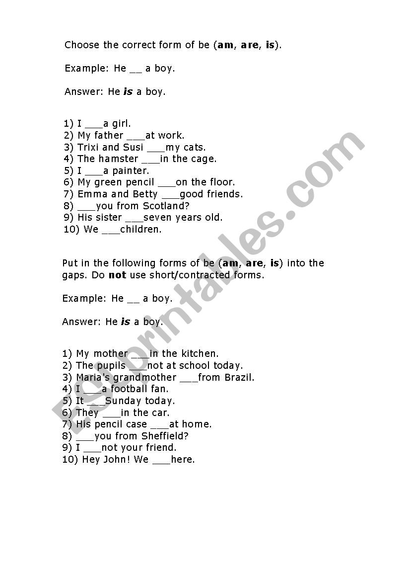 am is are worksheet