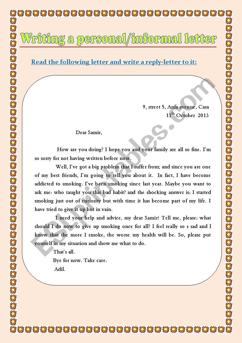 Writing a personal informal letter (a practice worksheet)
