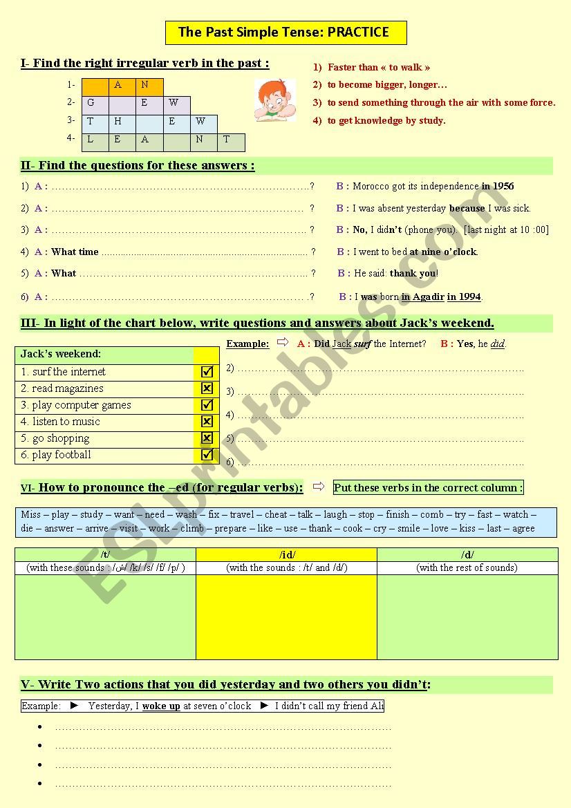 The Past Simple Tense  - (a practice worksheet: five exercises)