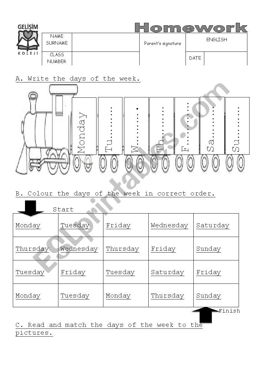 days of the week worksheet