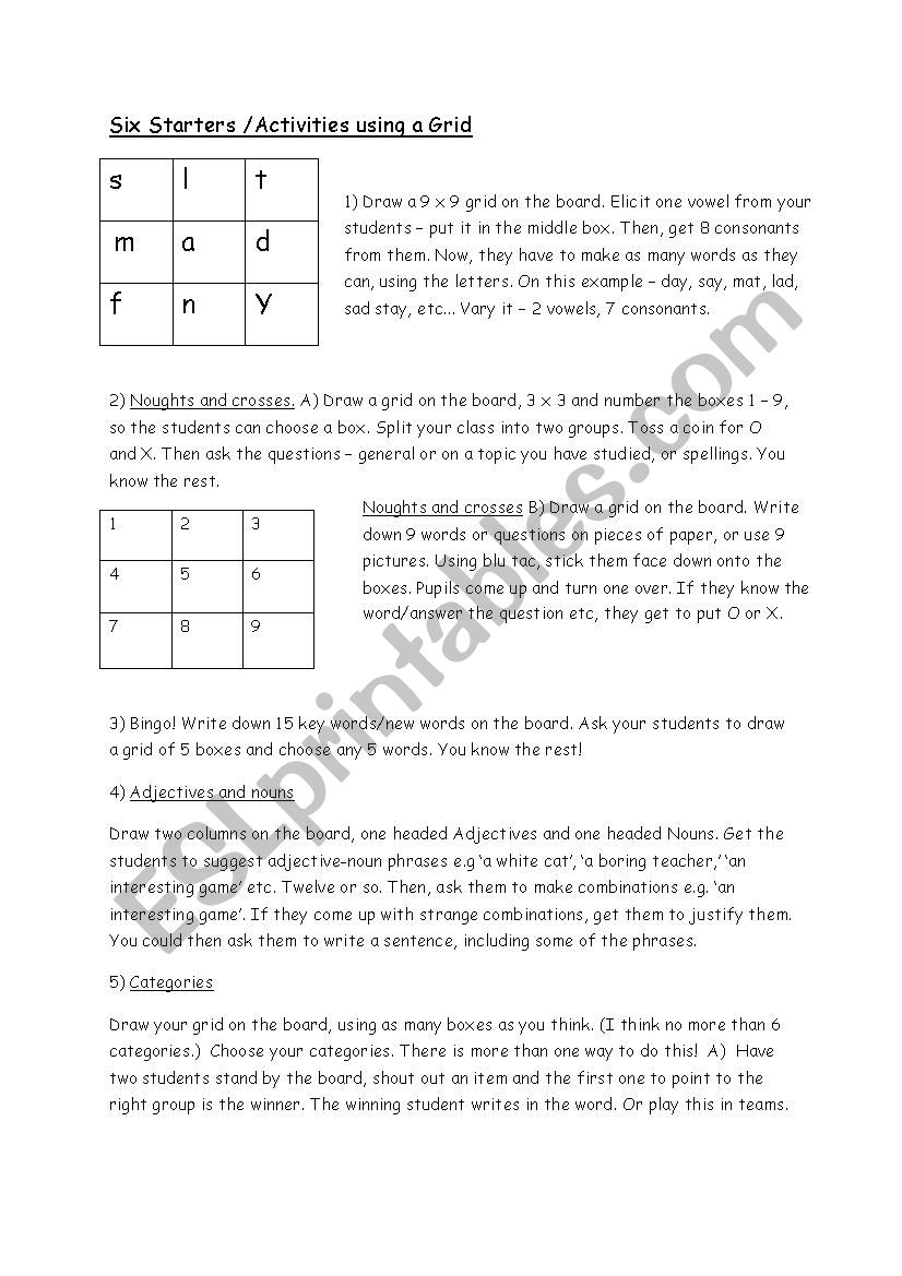 Six Starters/activities using a Grid