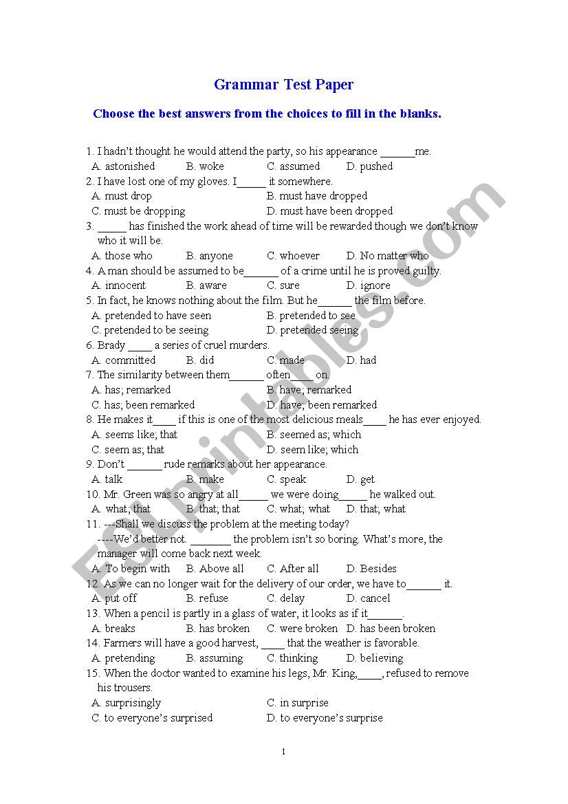 Grammar Test Paper worksheet