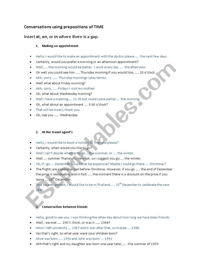 Conversations using prepositions of time, in,at,on