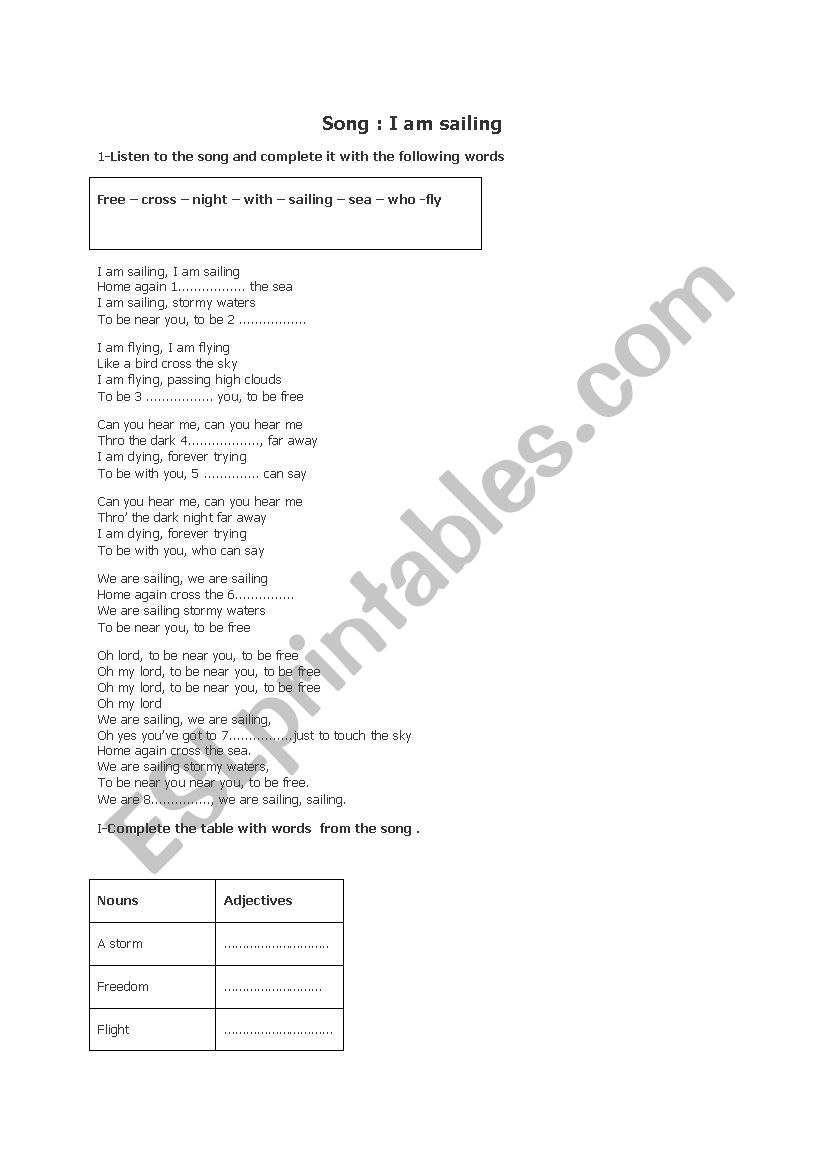 song : I am sailing worksheet