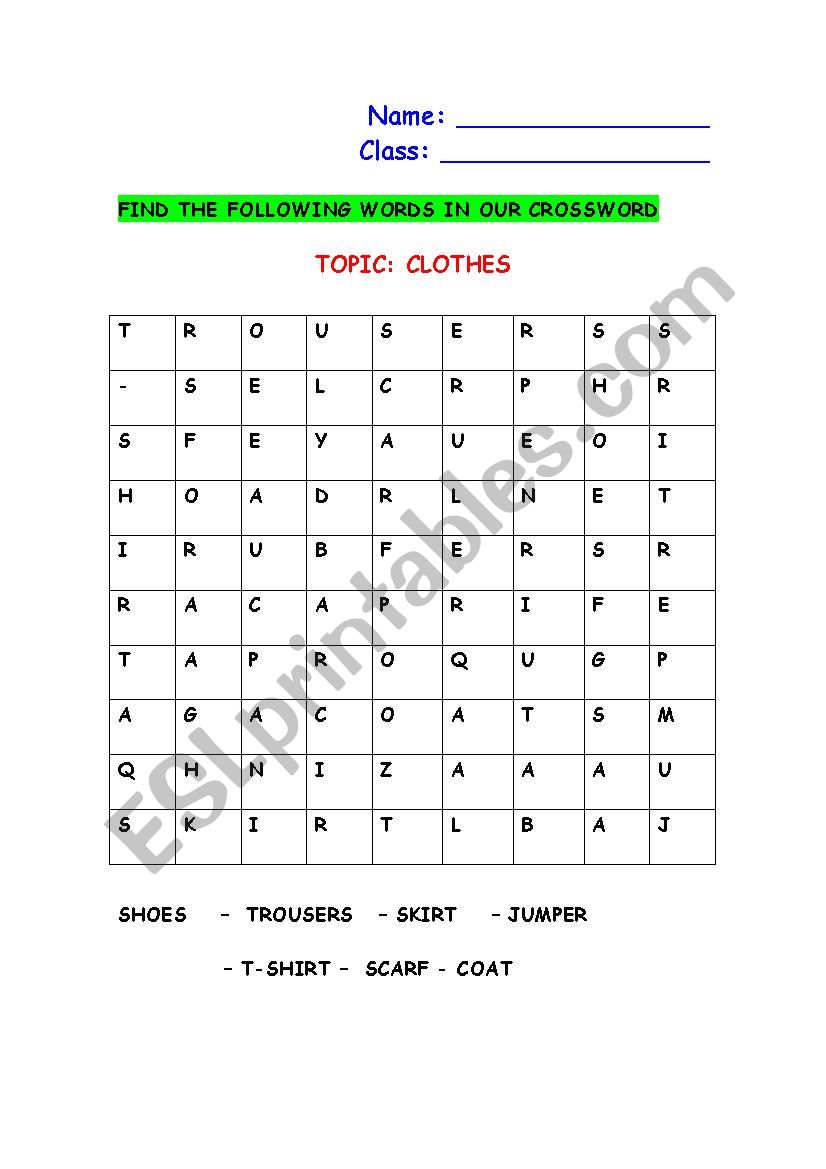 CROSSWORD TOPIC THE CLOTHES worksheet