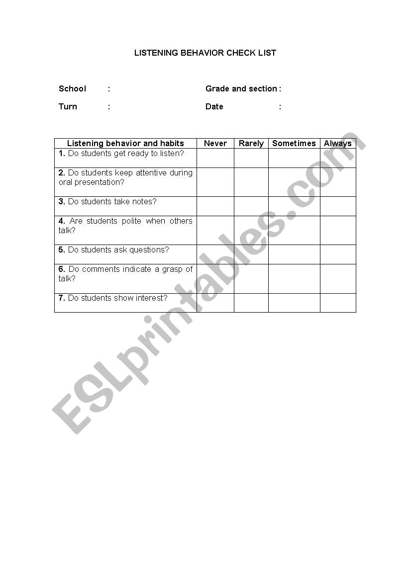 Listening behavior checklist  worksheet