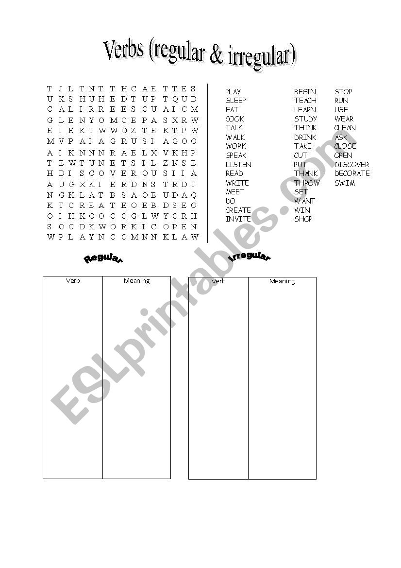 Verbs Wordsearch puzzle worksheet