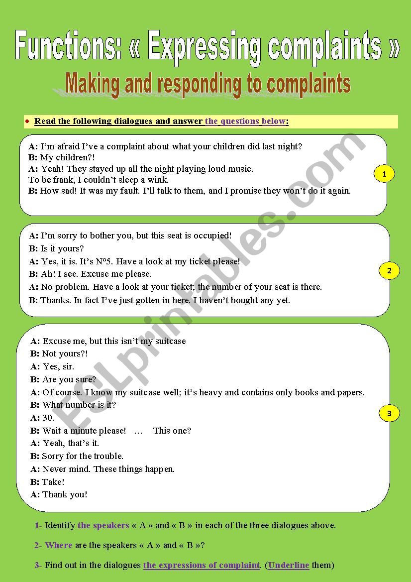 Functions:  Expressing complaints  _ Making and responding to complaints (3 pages!)