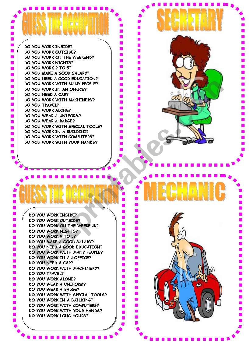 OCCUPATION GAME  CARD ONE worksheet