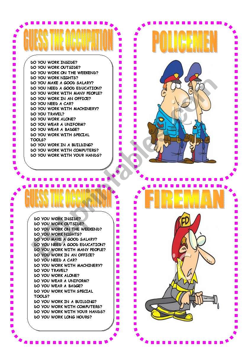 OCCUPATION GAME CARD TWO worksheet