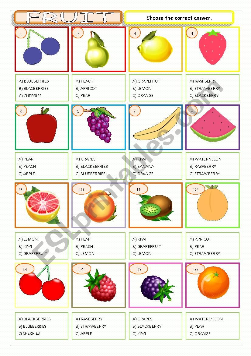 Fruit - Multiple Choice worksheet