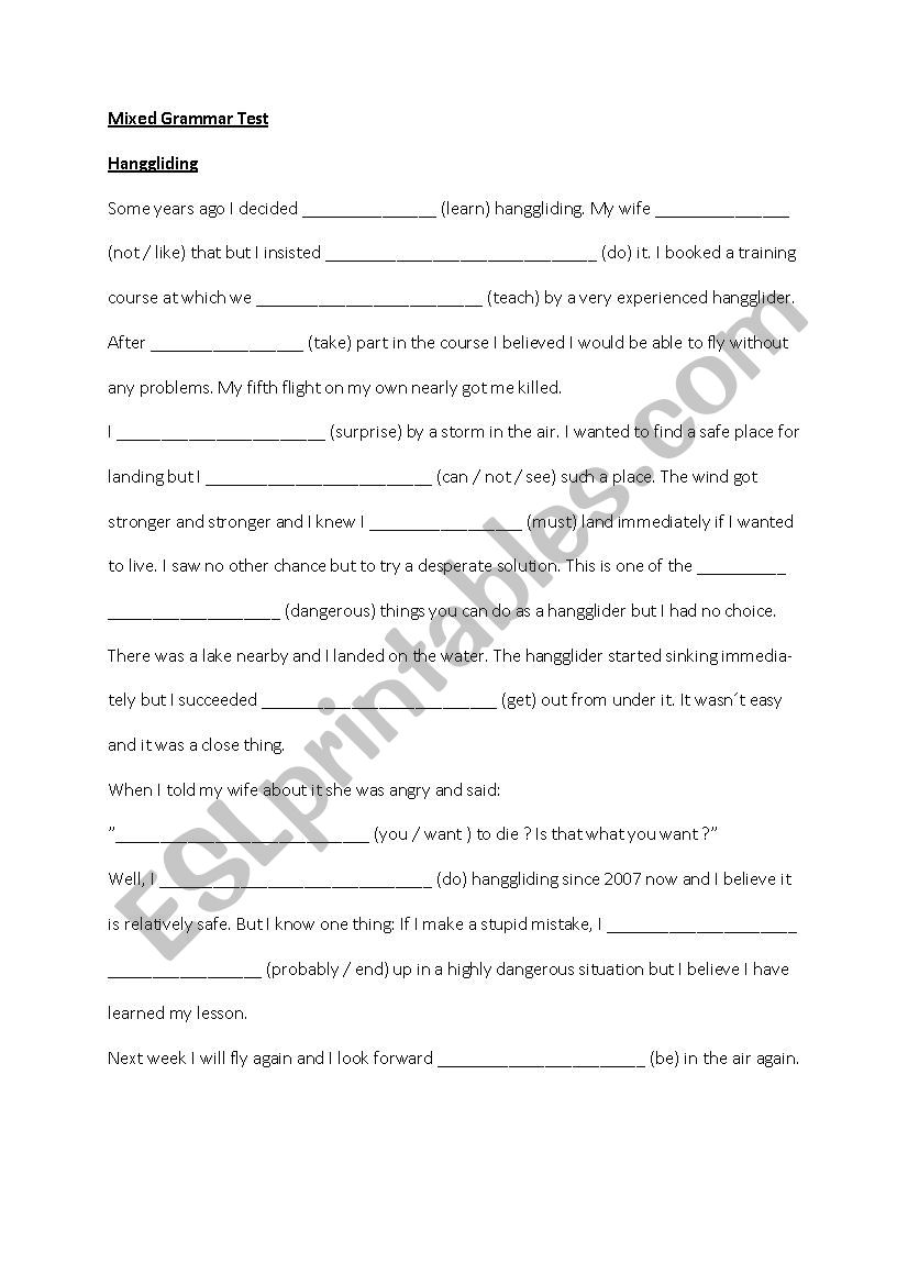 Mixed Grammar Hanggliding worksheet