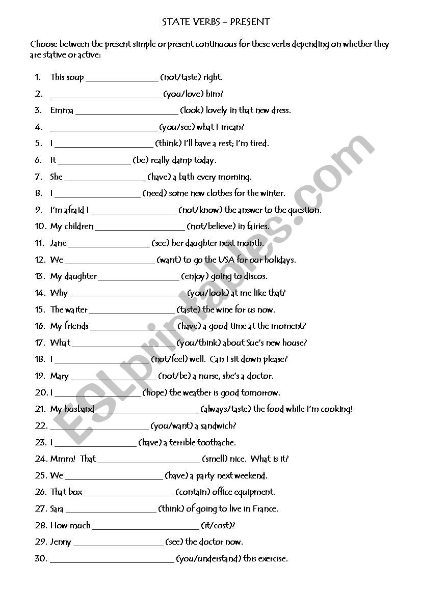 STATE VERBS worksheet