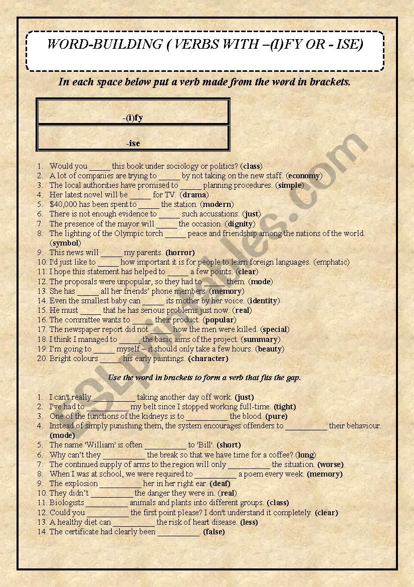 Word-building ( verbs with (i)fy or -ise)