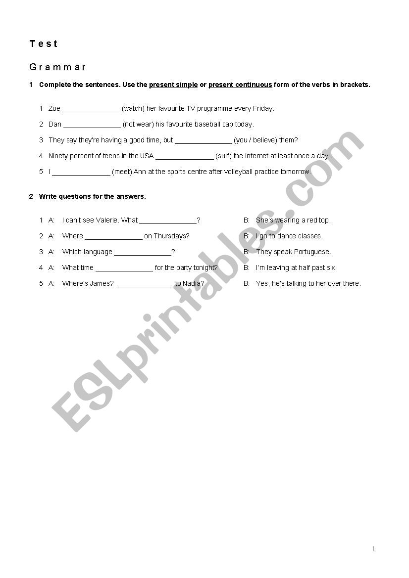 Present tenses test worksheet