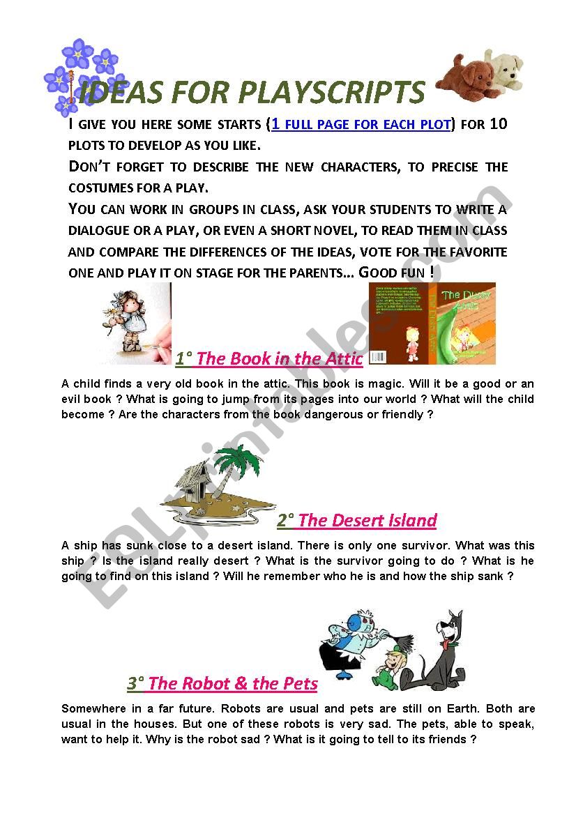 10 ideas of plots for playscripts, short stories, written exercises