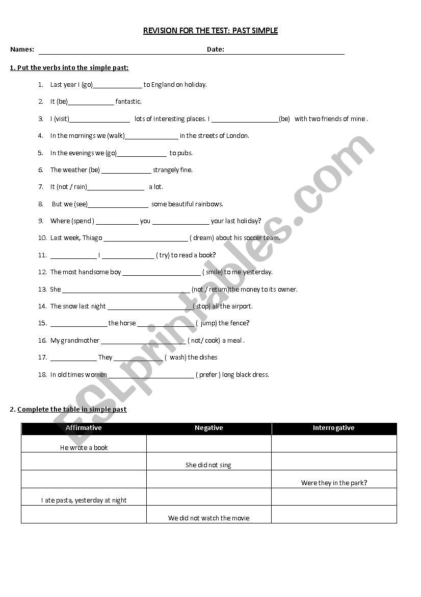 PAST SIMPLE WORKSHEET worksheet