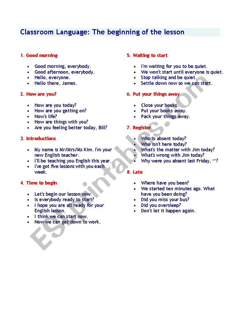 classroom language worksheet