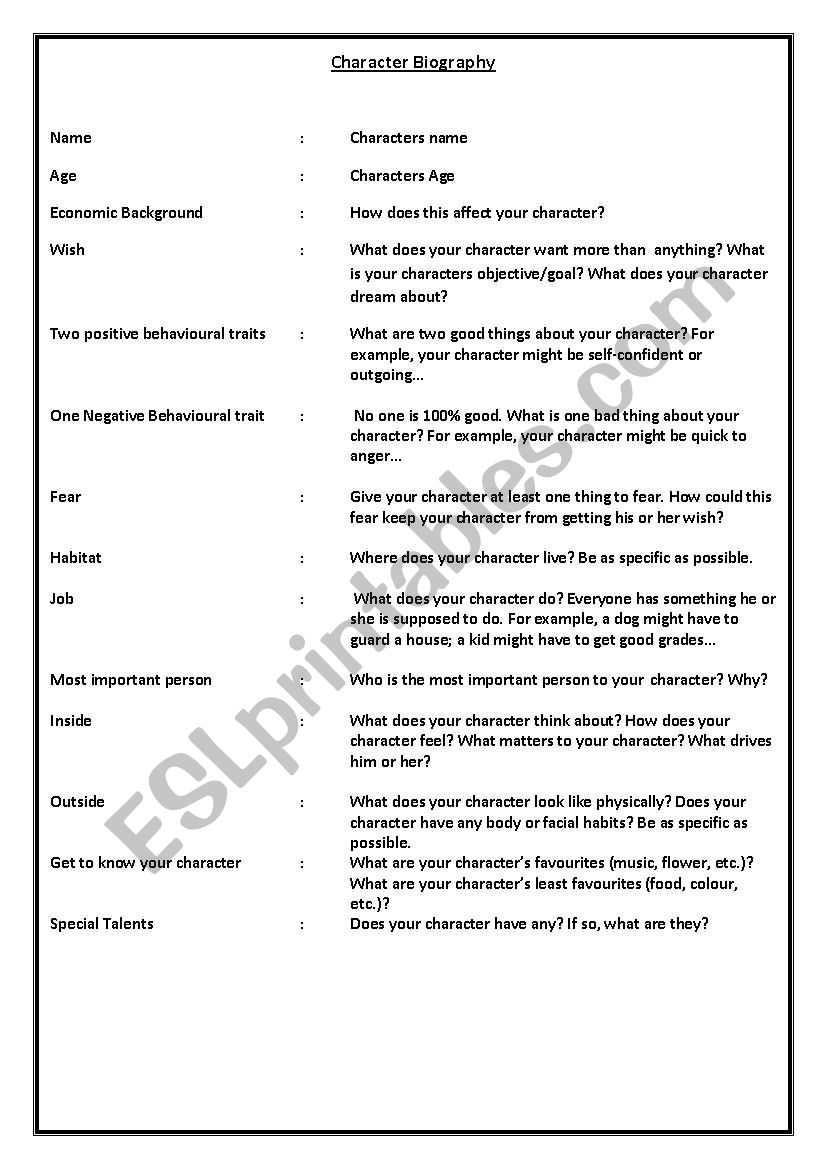 Character Biography Worksheet worksheet