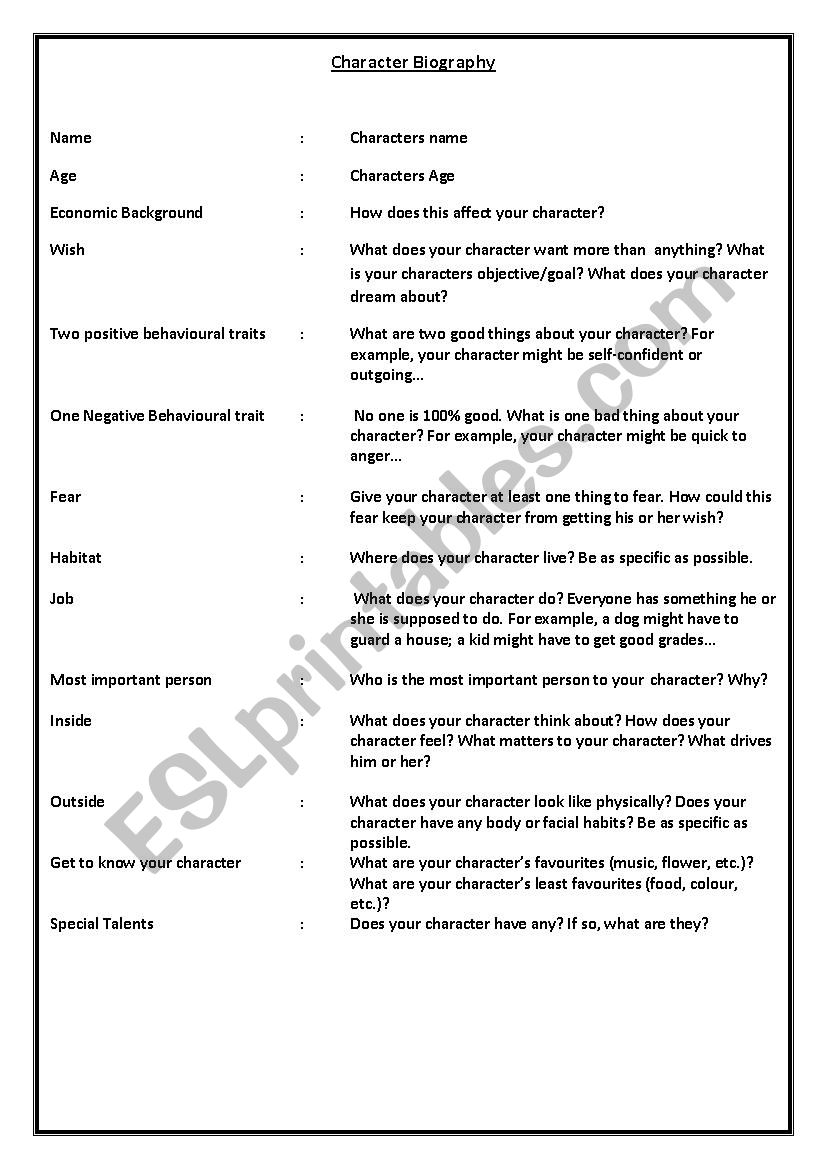 Character Biography Worksheet worksheet
