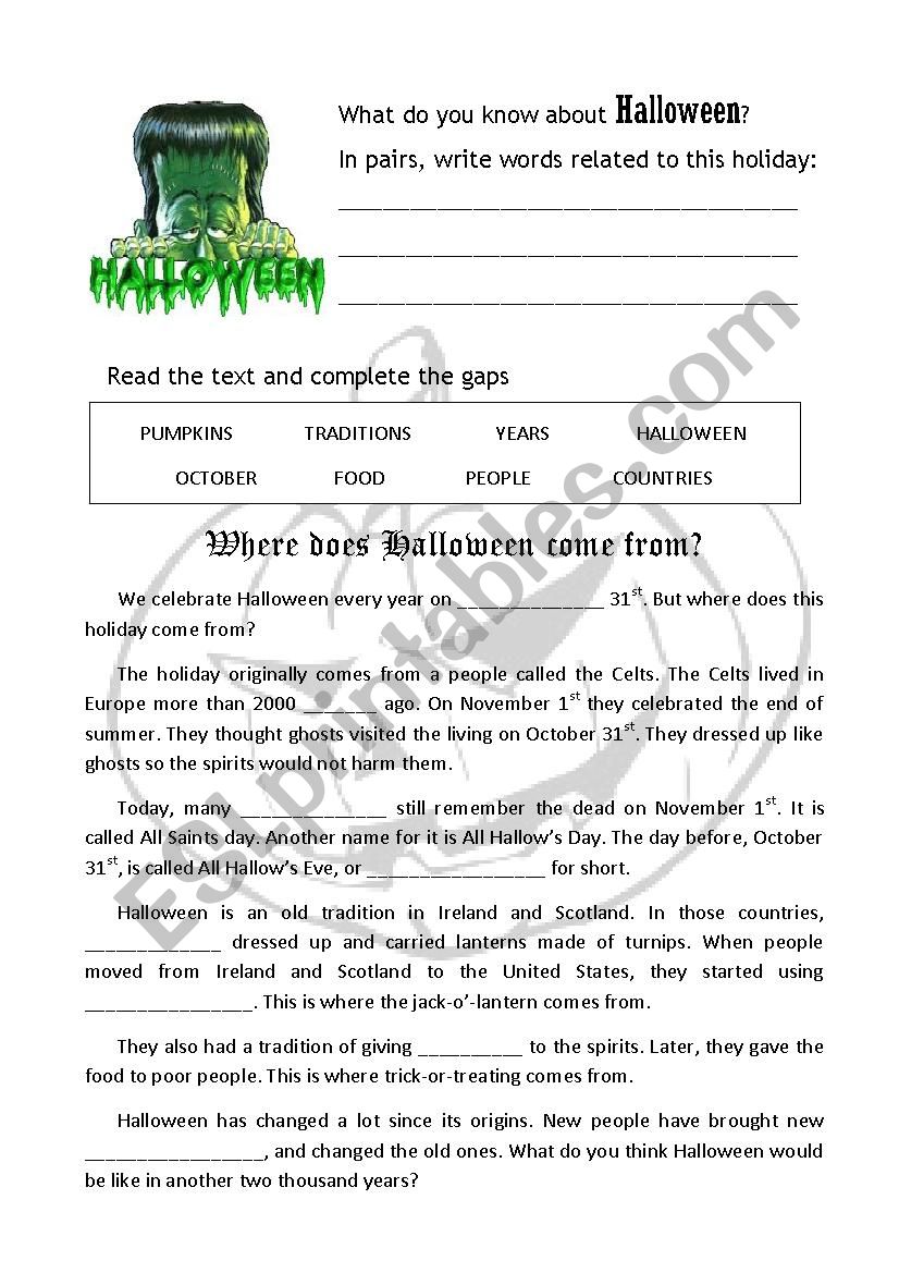 Halloween history worksheet