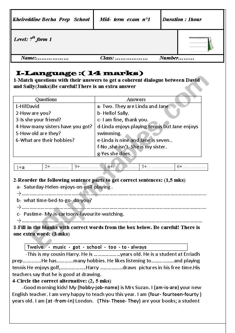 mid- term exam n1(7th form) worksheet