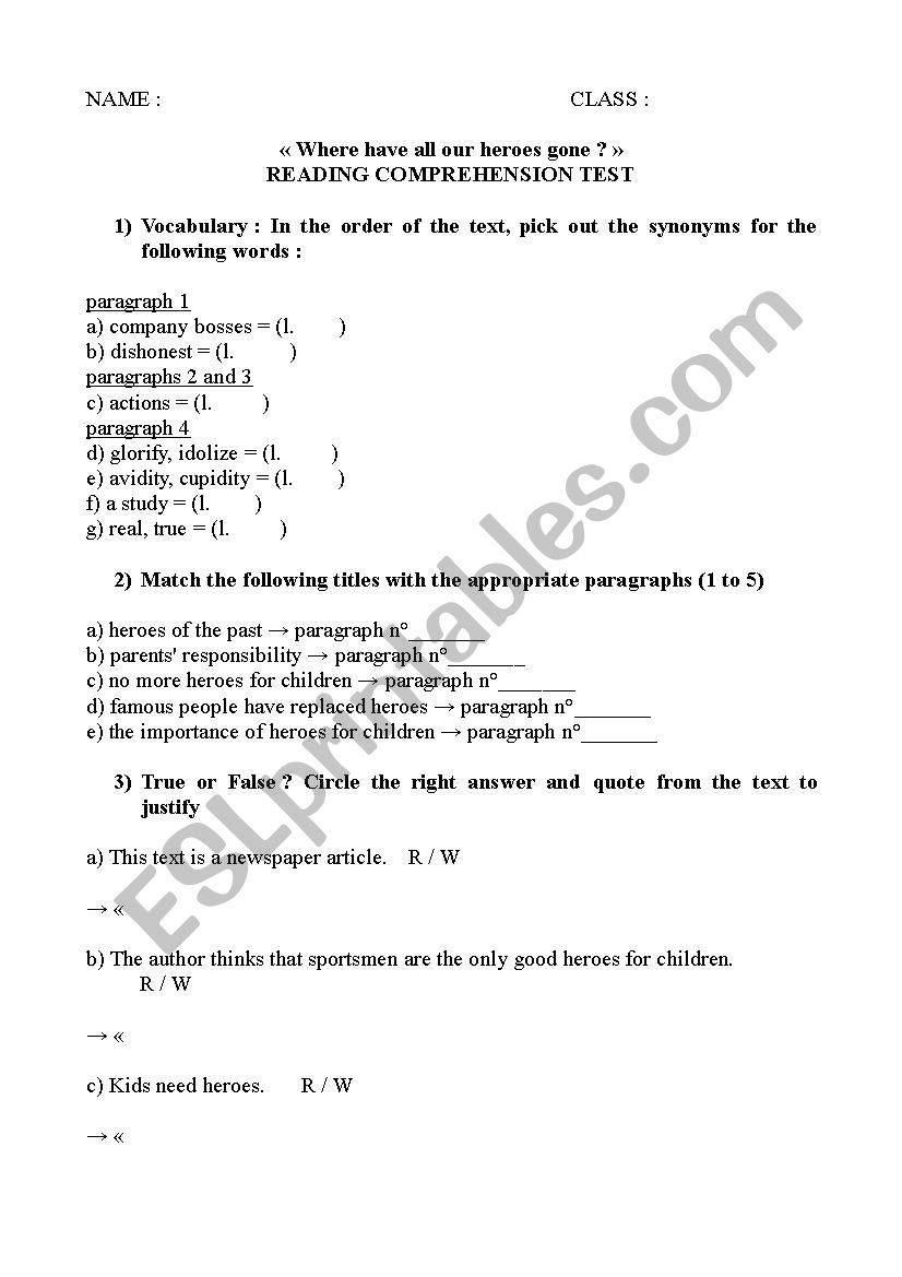 Where have our heroes gone? worksheet