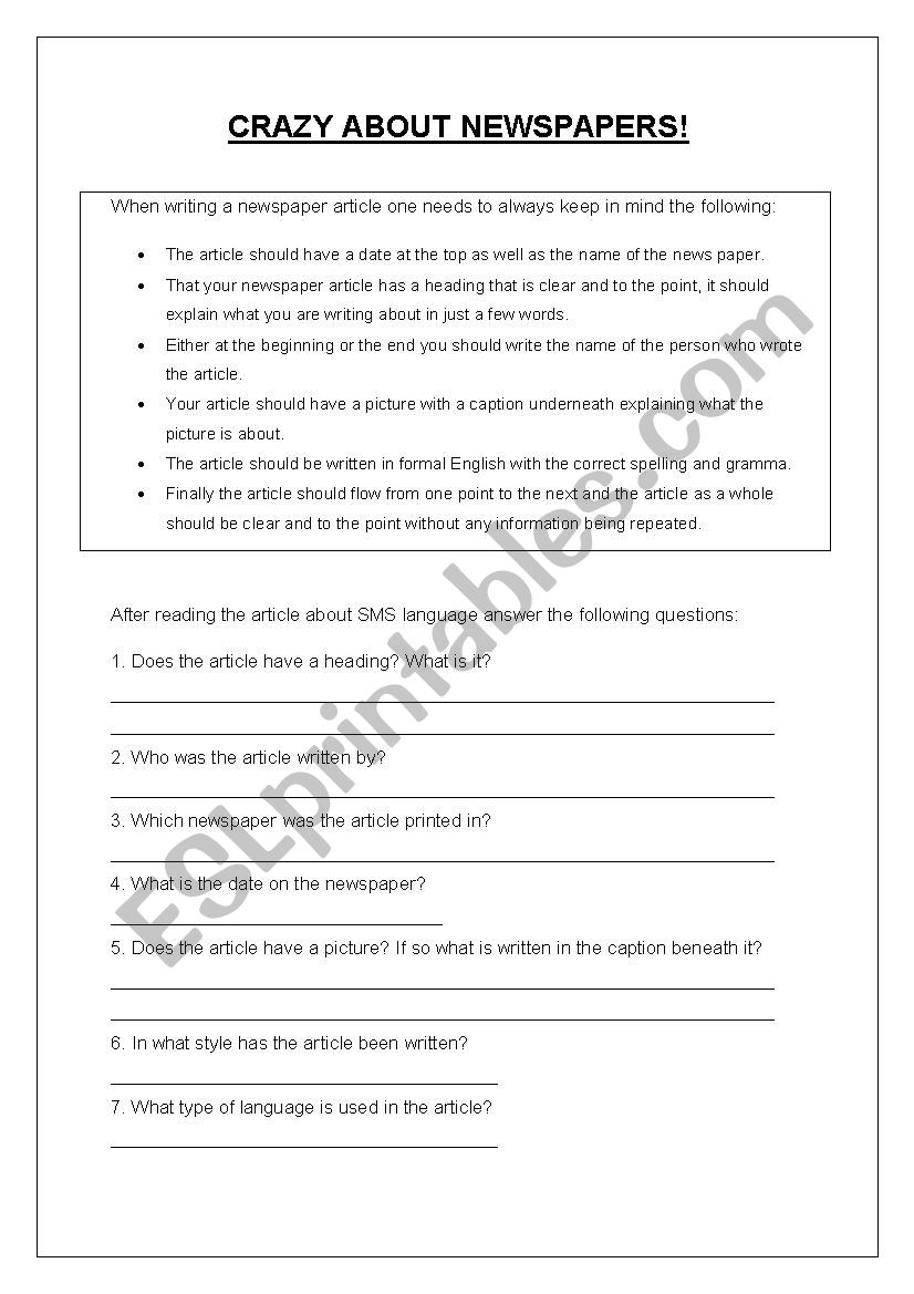 News Papers worksheet