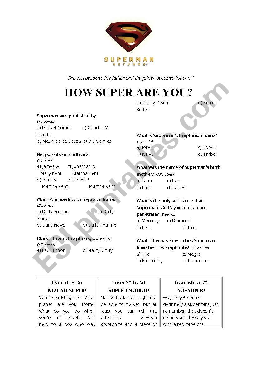 SUPERMAN RETURNS worksheet