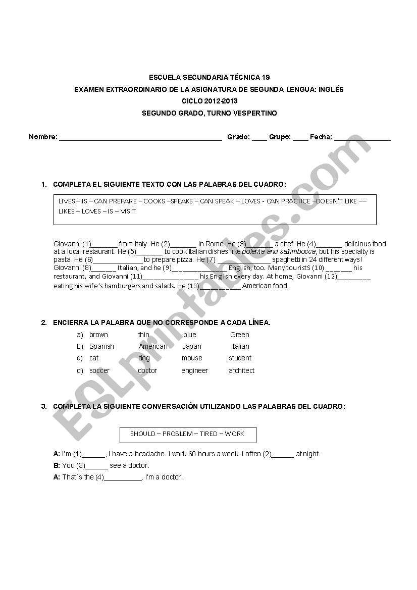 GENERAL TEST 2 worksheet