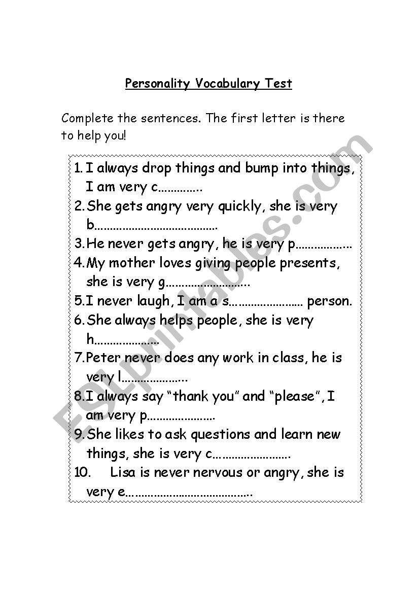 Personality vocabulary test worksheet