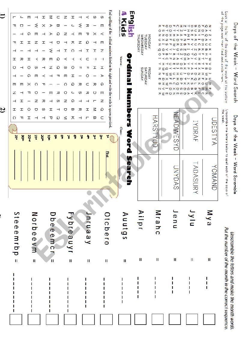 DATE : Days, months and ordinal numbers worksheet