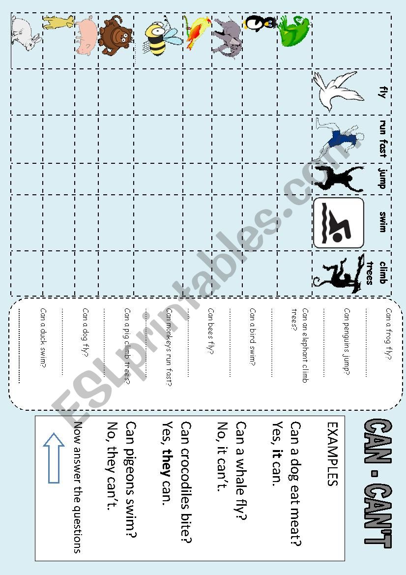 Can - Cant with animals worksheet