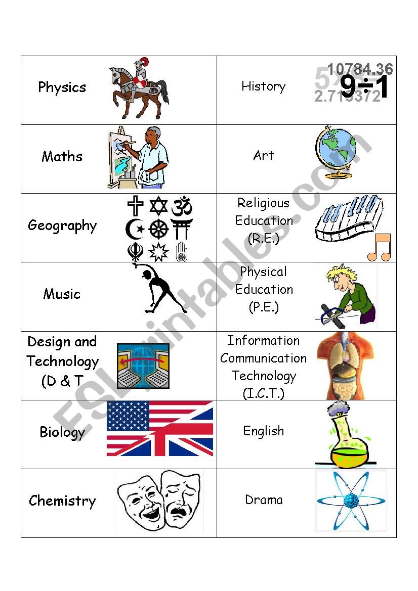 School subjects - domino worksheet