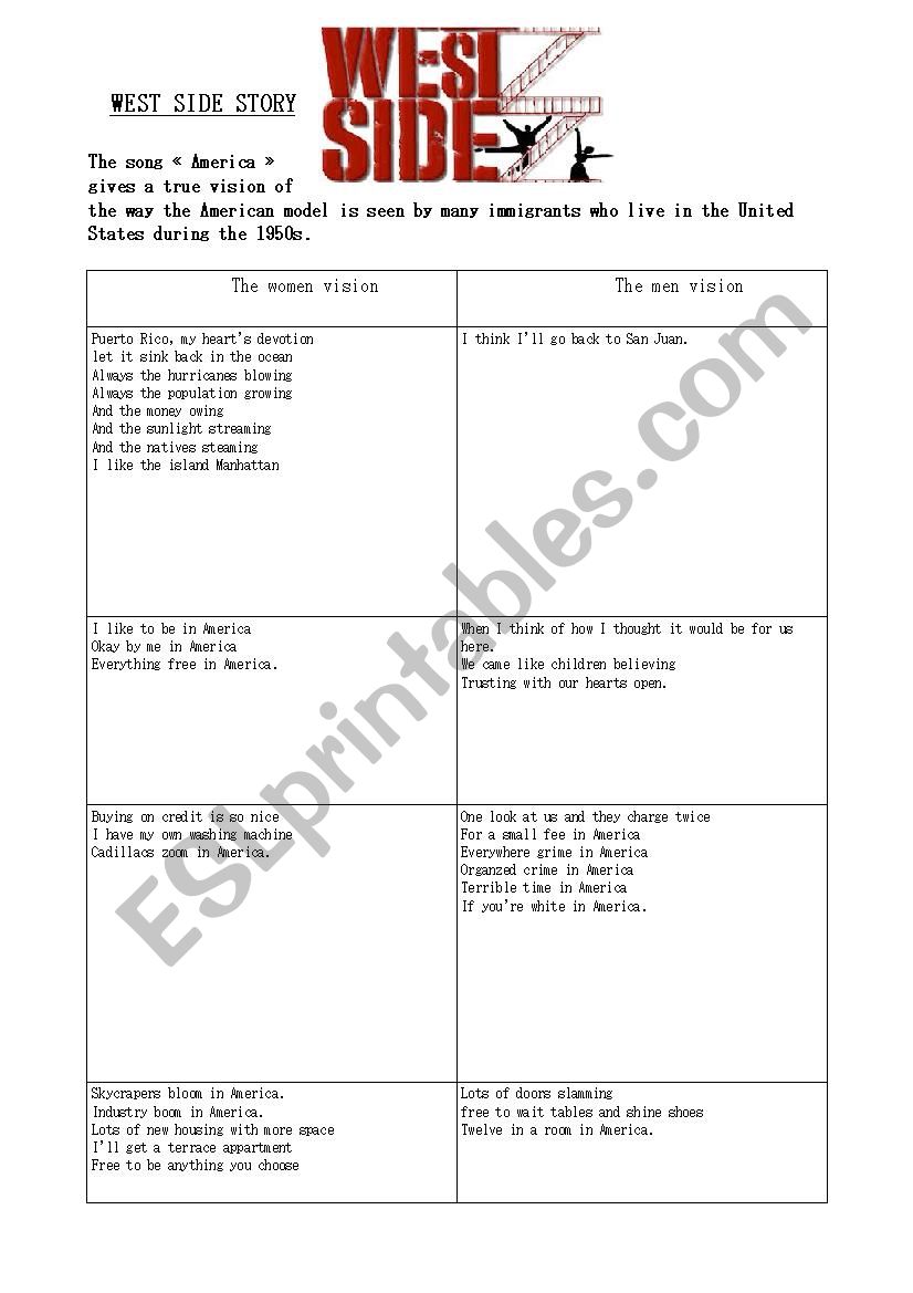 west side story worksheet