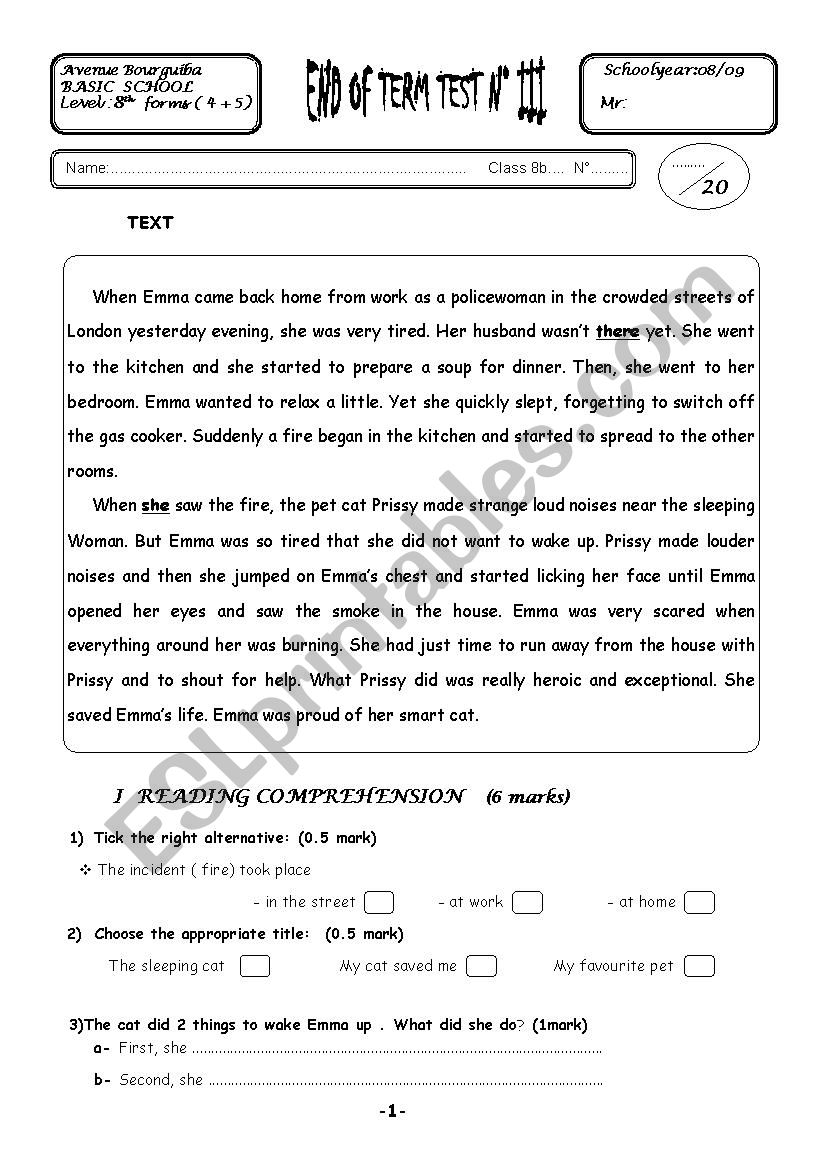 testn 3 for 8 th level  worksheet