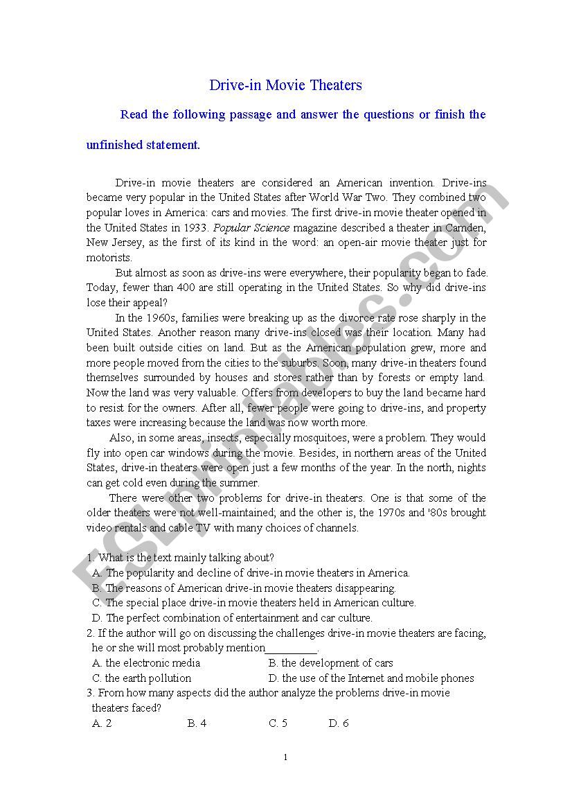 Drive-in Movie Theaters worksheet