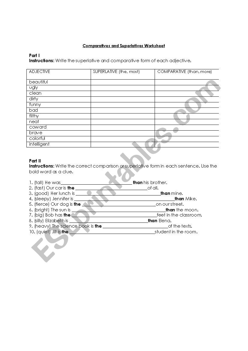 Comparatives and Superlatives worksheet