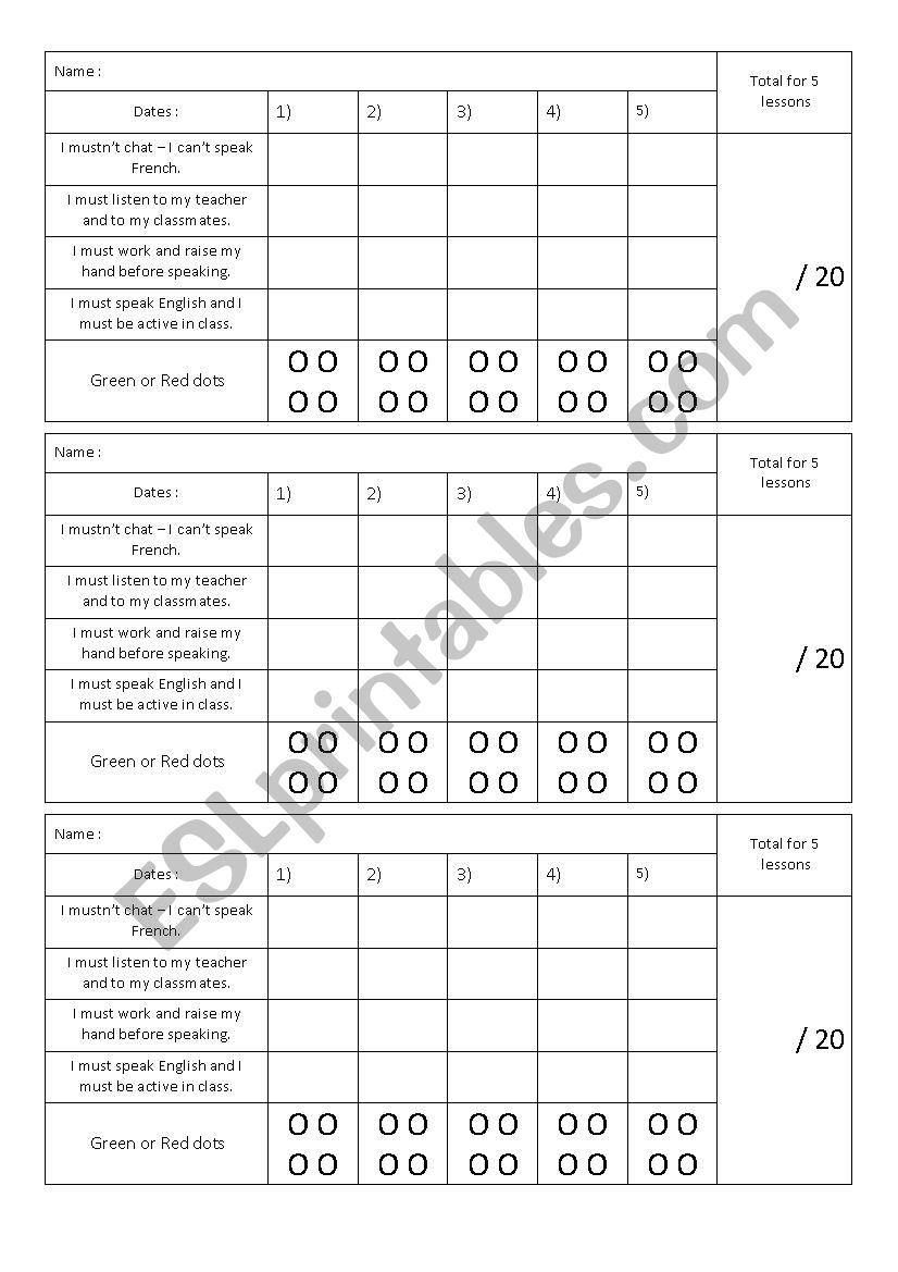 oral participation evaluation - green and red dots