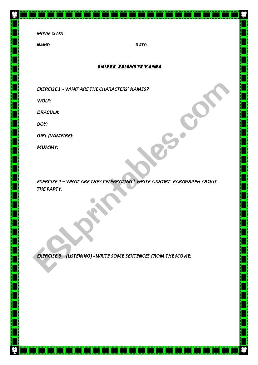HOTEL TRANSYLVIA MOVIE WORKSHEET
